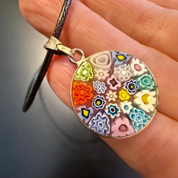 Italian Venetian Millefiori Colorful Glass Silver Pendant - Picture 5 of 6
